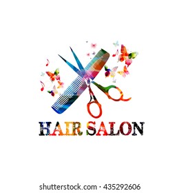 Hairdressing tools background with colorful comb and scissors