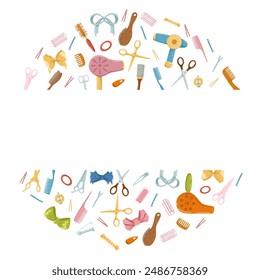 Hairdressing tools circle frame. Retro hair dryers, hairbrushes, scissors and different hair accessories. Cartoon hand drawn vector  illustration. White background. Cute print design for beauty salon.