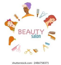 Herramientas de peluquería marco circular. Secadores de pelo retro, cepillos, tijeras y diferentes accesorios para el cabello. Ilustración vectorial dibujada a mano de dibujos animados. Mujeres hermosas. Fondo blanco.