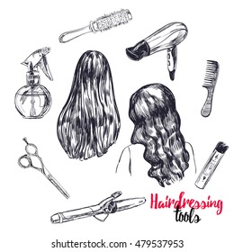 Hairdressing tools collection for art, design and advertising. Trendy vector illustrations