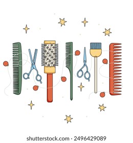 Hairdressing tools combs scissors in bright color with black outline isolated on white. Template for Christmas card or hair salon background.