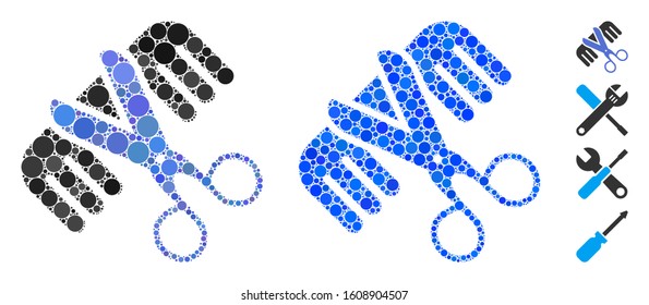 Hairdressing tools composition of filled circles in variable sizes and shades, based on hairdressing tools icon. Vector filled circles are organized into blue illustration.