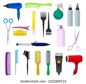 Hairdressing Tools and Equipment with Comb, Hairbrush and Hair Dryer Big Vector Set