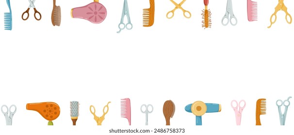 Armazón Horizontal de herramientas de peluquería. Secadores de pelo, cepillos, tijeras. Ilustración vectorial dibujada a mano de dibujos animados. Máscara de recorte. Fondo blanco. Lugar para el texto. Diseño de impresión para salón de belleza.
