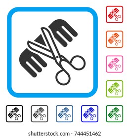 Hairdressing Tools icon. Flat grey pictogram symbol inside a blue rounded square. Black, gray, green, blue, red, orange color versions of Hairdressing Tools vector.
