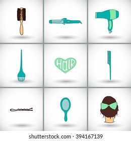 Hairdressing tools icon set with pattern swatch. Hand-drawn cartoon collection of hair styling stuff -  comb, hairbrush, hairpin, mirror, dryer, mirror, head. Doodle drawing. Vector illustration