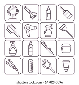 Hairdressing tools icons set in linear style. Suitable for web or app