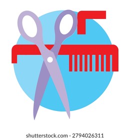 Hairdressing tools including purple scissors and red comb on blue circular background