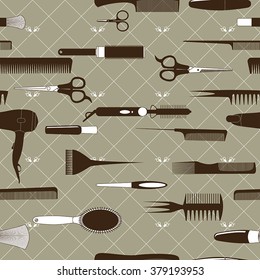 Hairdressing tools on the pattern background.