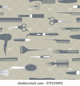 Hairdressing tools on the pattern background.