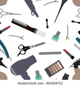 Hairdressing tools related vector seamless pattern background.