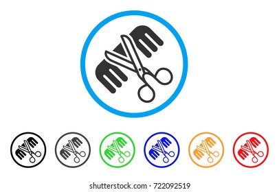 Hairdressing Tools rounded icon. Style is a flat hairdressing tools grey symbol inside light blue circle with black, gray, green, blue, red, orange color versions.