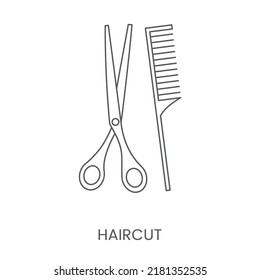 Hairdressing tools scissors and comb, linear icon in vector.