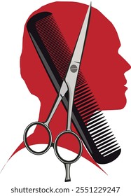 Hairdressing tools scissors and comb positioned over red human head silhouette representing a barbershop or hair salon business