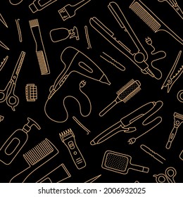 Hairdressing Tools Seamless Pattern. Line Sketch. Professional Hair Dresser Equipment. Hand Drawn Doodle Vector Illustration. Barbershop Symbol. Hairdryer, Scissors, Comb, Straightener And Curler