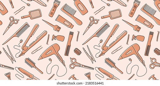 Hairdressing tools seamless pattern. Professional hair dresser equipment. Hand drawn doodle vector illustration. Barbershop symbol. Hairdryer, scissors, comb, straightener and curler