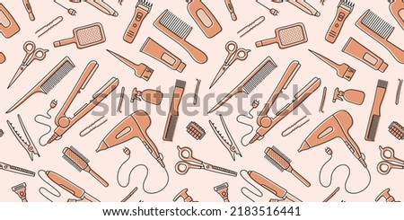 Hairdressing tools seamless pattern. Professional hair dresser equipment. Hand drawn doodle vector illustration. Barbershop symbol. Hairdryer, scissors, comb, straightener and curler