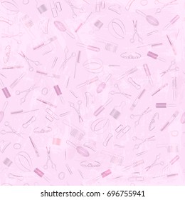 Hairdressing tools seamless pattern. Vector design isolated illustration. Pink outlines, pink watercolor background