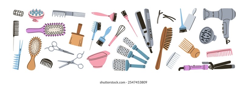 Hairdressing tools set. Hair care accessories. Hairstyling beauty equipment. Scissors, comb, brush, blow dryer, straightener and curling iron. Flat vector illustration isolated on white background