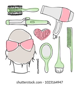 Hairdressing tools set. Hand-drawn cartoon collection of hair stuling stuff - comb, hairbrush, hairpin, mirror, dryer, mirror, head. Doodle drawing. Vector illustration