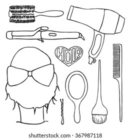 Hairdressing tools set. Hand-drawn cartoon collection of hair styling stuff -  comb, hairbrush, hairpin, mirror, dryer, mirror, head. Doodle drawing. Vector illustration