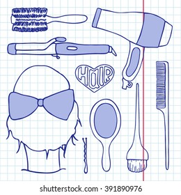 Hairdressing tools set. Hand-drawn cartoon collection of hair styling stuff -  comb, hairbrush, hairpin, mirror, dryer, mirror, head. Doodle pen drawing on the notebook page. Vector illustration