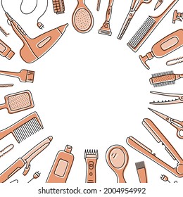 Hairdressing tools sketch with copy space. Professional hair dresser equipment. Hand drawn vector illustration. Barbershop symbols. Hairdryer, scissors, comb, straightener and curler