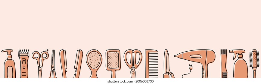 Hairdressing tools sketch with copy space. Professional hair dresser equipment. Hand drawn vector illustration. Barbershop symbols. Hairdryer, scissors, comb, straightener and curler