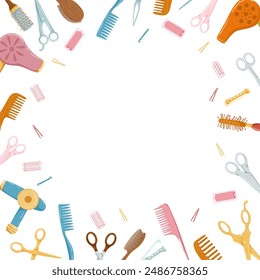 Hairdressing tools square  frame. Retro hair dryers, hairbrushes, scissors and different hair accessories. Cartoon hand drawn vector art. Clipping mask. Place for text. Print design for beauty salon.