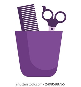 Hairdressing tools for styling hair in a purple jar on a white background