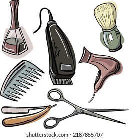 Hairdressing tools, tools, vector drawing, scissors, comb, razor, clipper