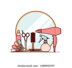 Hairdressing. Vector illustration in flat style with mirror, hair dryer, haibrush, scissors, hairpins and sprayer.