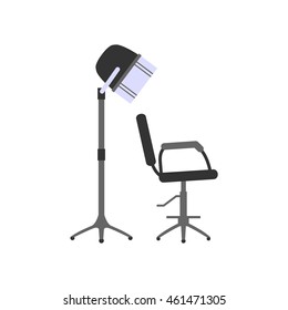 Hairdrier and chair. Flat design. Isolated objects on white background. Vector illustration.