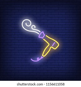 Hairdryer blowing hot air neon sign. Hairdressing salon, style and fashion concept. Advertisement design. Night bright colorful billboard, light banner. Vector illustration in neon style.