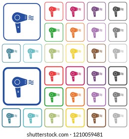 Hairdryer color flat icons in rounded square frames. Thin and thick versions included.