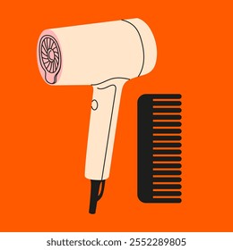 Hairdryer and comb on a red background. Feminine items. Hair accessories. Hairdryer and comb design in a flat style. Vector illustration of hair care elements