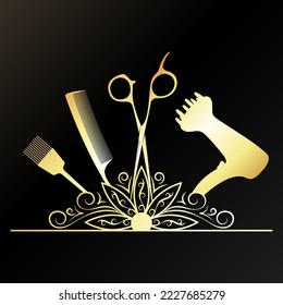 Hairdryer comb scissors golden symbol of hair salon