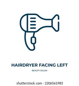 Hairdryer facing left icon. Linear vector illustration from beauty salon collection. Outline hairdryer facing left icon vector. Thin line symbol for use on web and mobile apps, logo, print media.