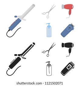 Hairdryer, hair dryer, lotion, scissors. Hairdresser set collection icons in cartoon,black style vector symbol stock illustration web.