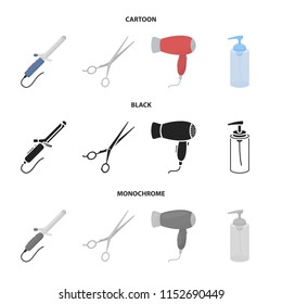 Hairdryer, hair dryer, lotion, scissors. Hairdresser set collection icons in cartoon,black,monochrome style vector symbol stock illustration web.