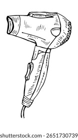 Hairdryer hand drawn line art, icon beauty, hair care, or salon themes.
