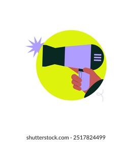 Hairdryer in a hand, symbolizing hairstyling tools and salon equipment. Flat vector illustration representing hair care, professional styling, and beauty treatments in a salon setting.