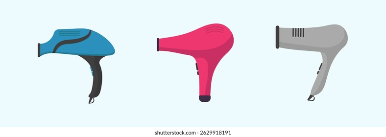 Hairdryer with handle and warm air symbol in flat vector style showing beauty salon equipment and cartoon girl using electric device for fashion care hairstyle and styling in white background

