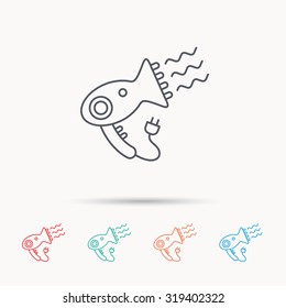 Hairdryer icon. Electronic blowdryer sign. Hairdresser equipment symbol. Linear icons on white background. Vector