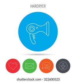 Hairdryer icon. Electronic blowdryer sign. Hairdresser equipment symbol. Mail, download and speech bubble buttons. Like symbol. Vector