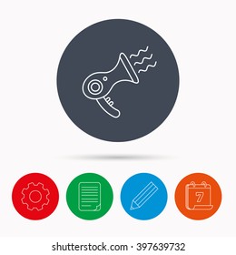 Hairdryer icon. Electronic blowdryer sign. Hairdresser equipment symbol. Calendar, cogwheel, document file and pencil icons.