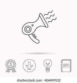 Hairdryer icon. Electronic blowdryer sign. Hairdresser equipment symbol. Download arrow, lamp, learn book and award medal icons.