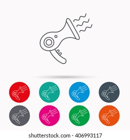 Hairdryer icon. Electronic blowdryer sign. Hairdresser equipment symbol. Linear icons in circles on white background.