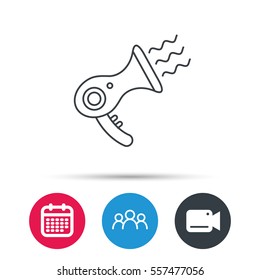 Hairdryer icon. Electronic blowdryer sign. Hairdresser equipment symbol. Group of people, video cam and calendar icons. Vector