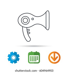 Hairdryer icon. Electronic blowdryer sign. Hairdresser equipment symbol. Calendar, cogwheel and download arrow signs. Colored flat web icons. Vector